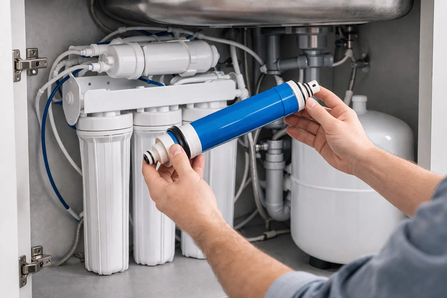 Filtres et membrane d’un osmoseur domestique en gros plan