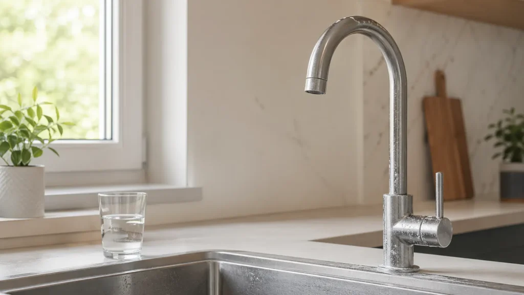 Eau du robinet calcaire dans une cuisine moderne avec traces blanches sur la robinetterie