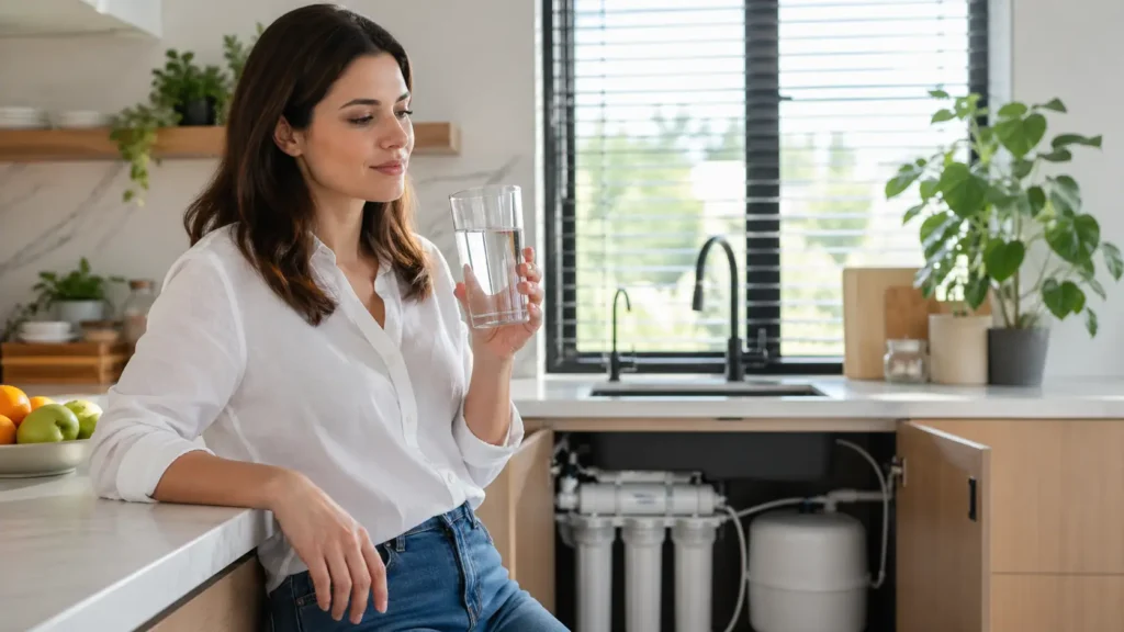 Eau osmosée dans un verre dans une cuisine moderne avec système de filtration domestique
