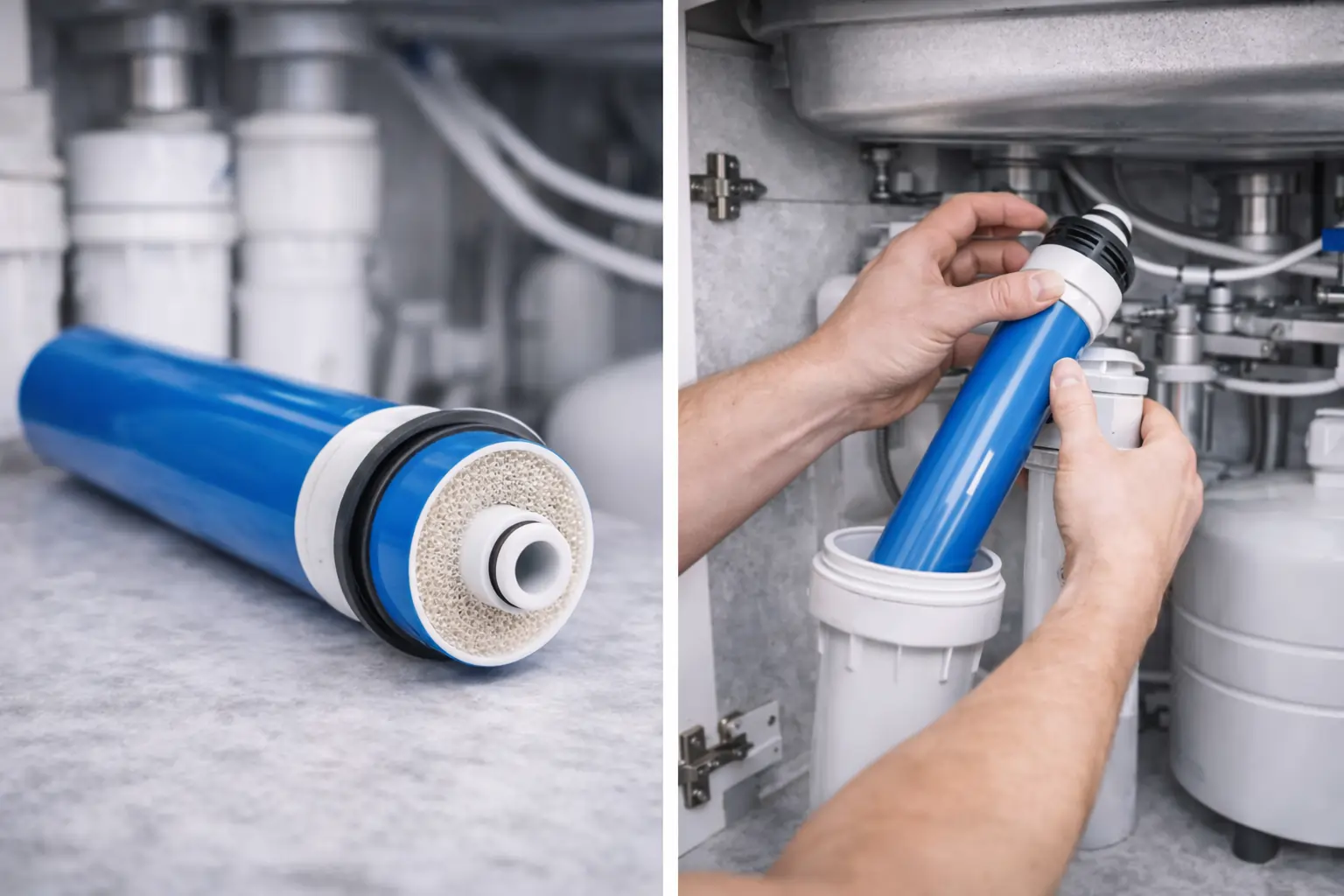 Entretien d’un osmoseur sous évier avec remplacement d’un élément du système