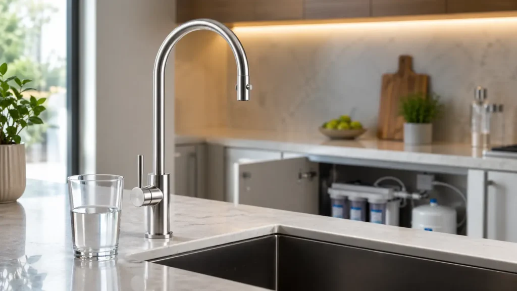 Robinet osmoseur élégant dans une cuisine moderne avec verre d’eau