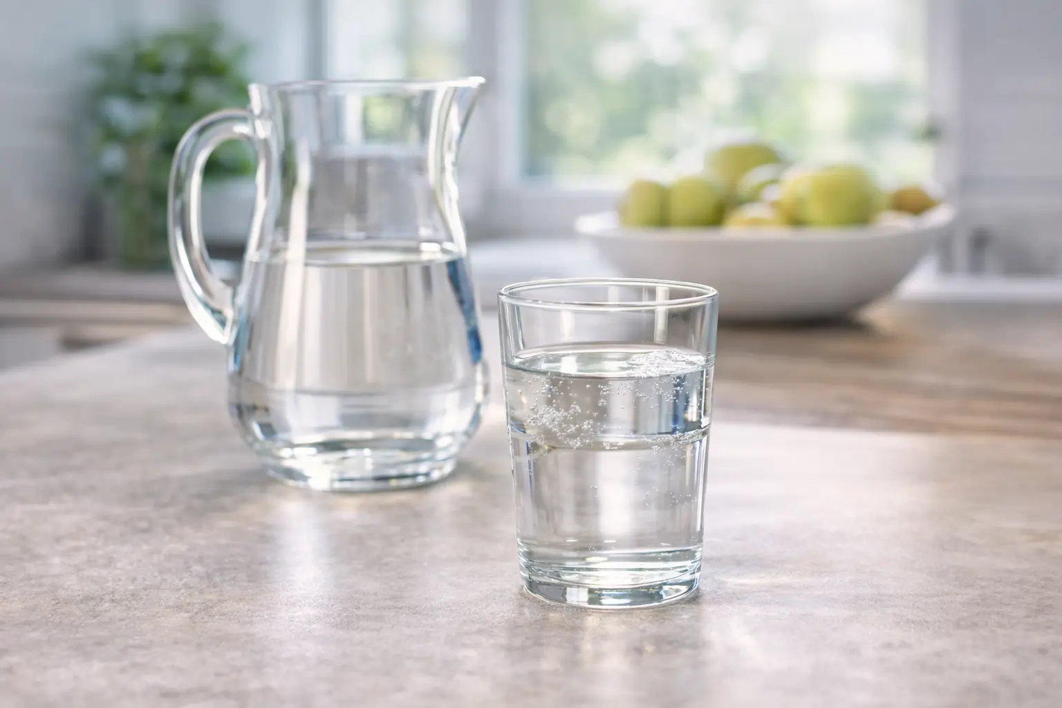 Verre d’eau filtrée dans une cuisine lumineuse