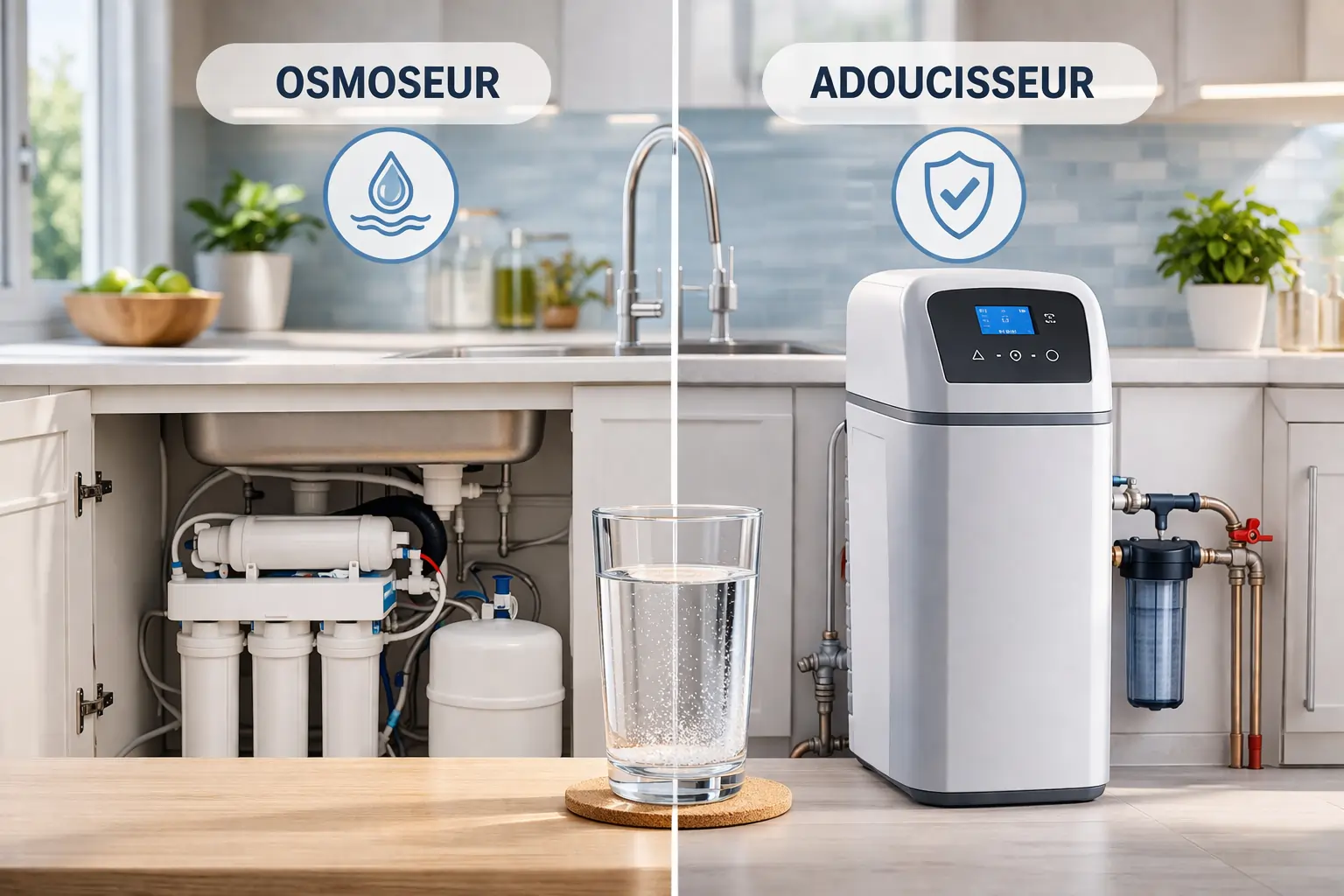 Comparaison visuelle entre un osmoseur et un adoucisseur dans une cuisine moderne