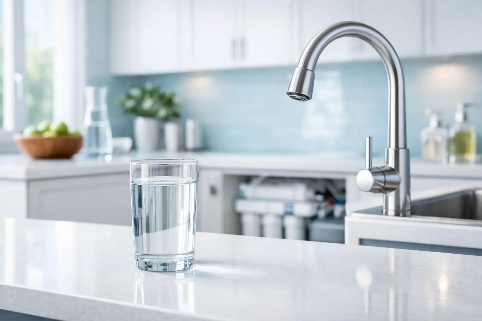 Solution de filtration d’eau dans une cuisine moderne avec verre d’eau claire