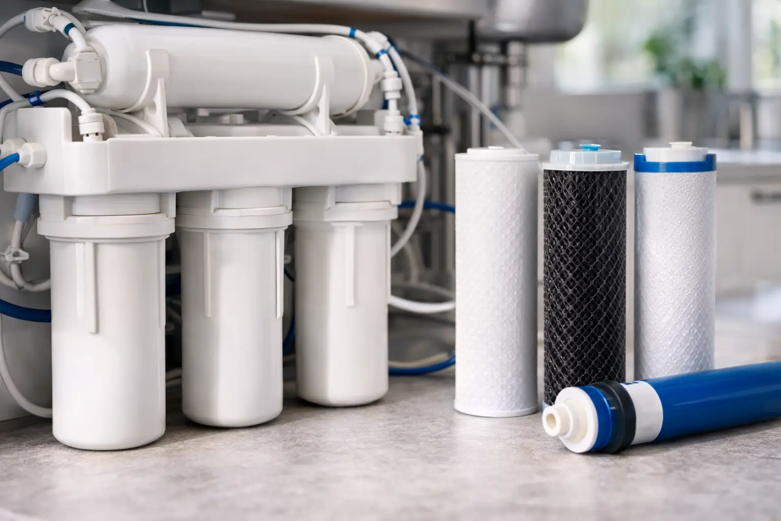 Cartouches et filtres d’un osmoseur domestique en gros plan