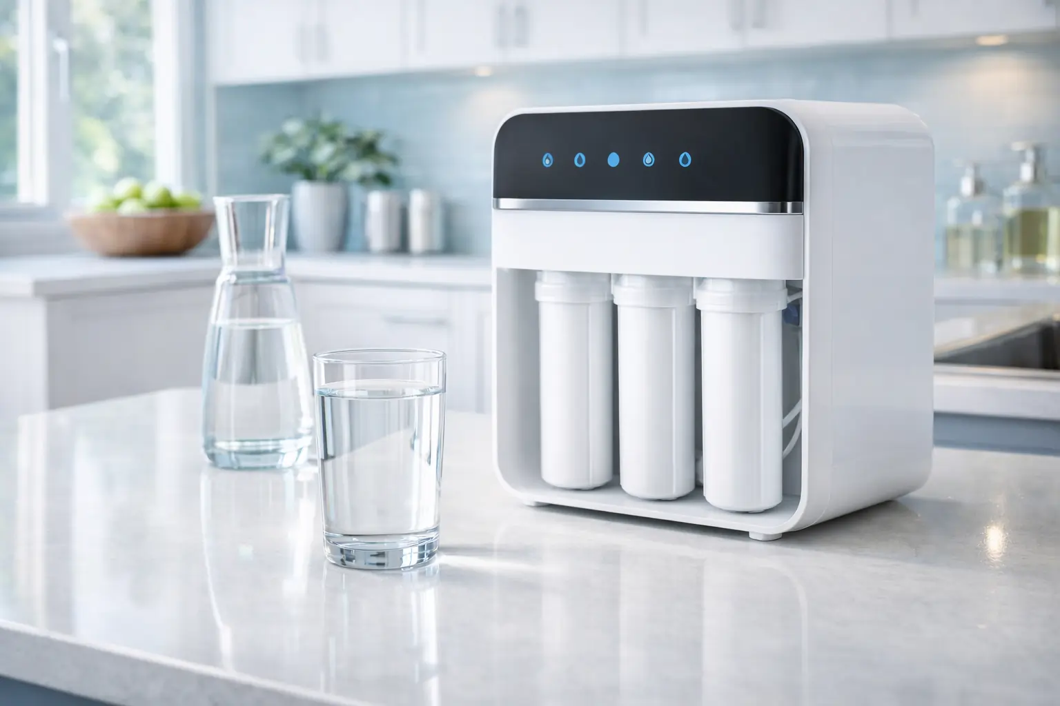 Osmoseur domestique moderne avec verre d’eau sur un plan de travail