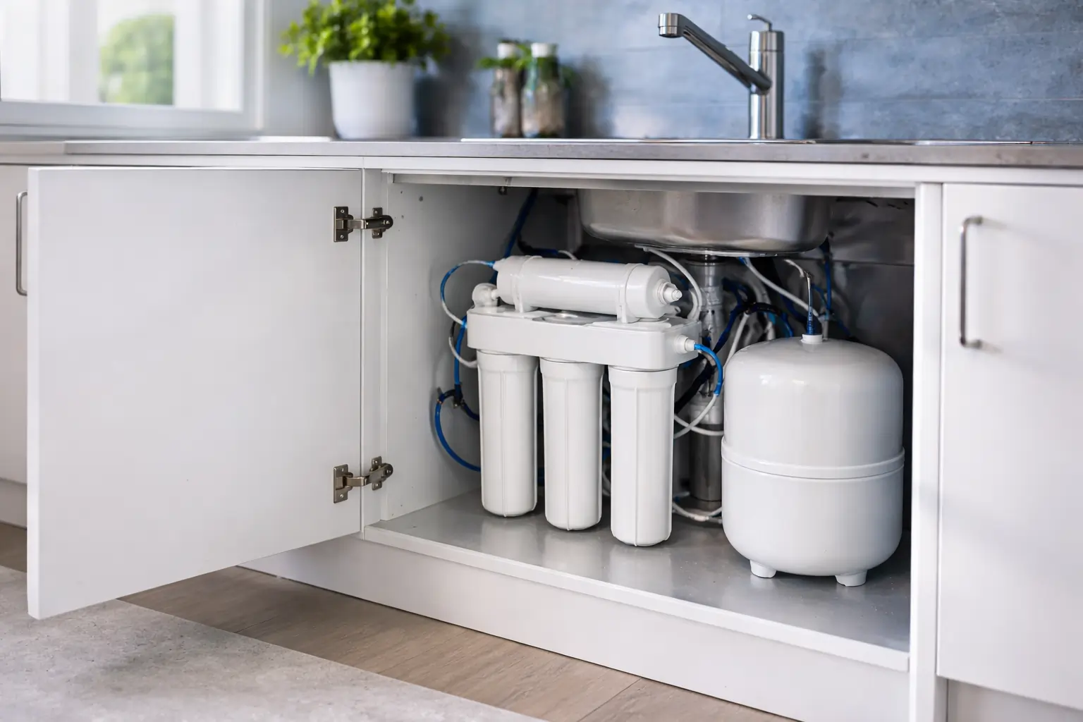 Osmoseur domestique installé sous évier dans une cuisine moderne